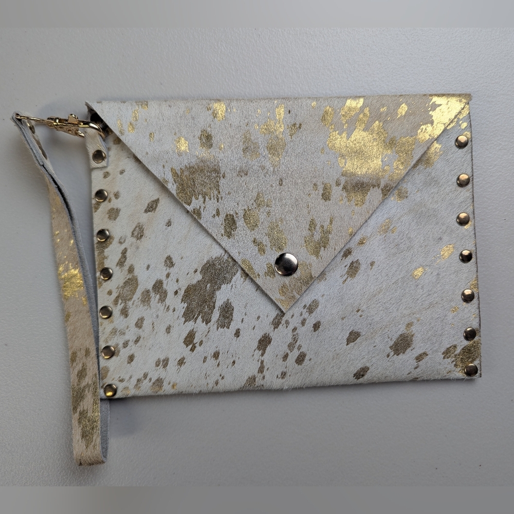 Metallic Cowhide Envelope Clutch Purse Gold White Studded Leather Boho Minimal